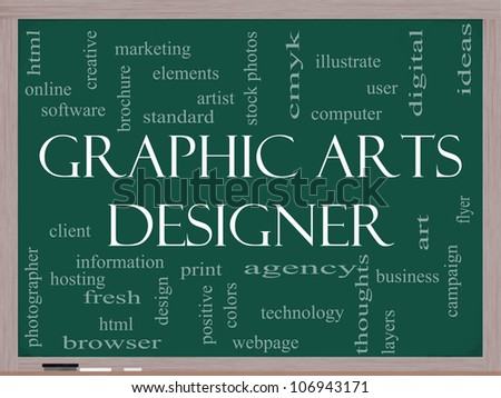 Graphic Arts Designer Word Cloud Concept on a Blackboard with great terms such as software, html, client, design and more