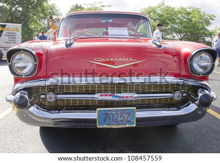 APPLETON, WI - JULY 21: Front view of a Red 1957 Chevy Chevrolet Bel Air Two Door at the 18th Annual WVBO Classic Car Show at Fox Valley Technical College on July 21, 2012 in Appleton, Wisconsin.