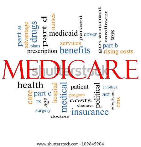 Medicare Word Cloud Concept with great terms such as health, care, advantage, hospital, tax, enrollment, part d and more