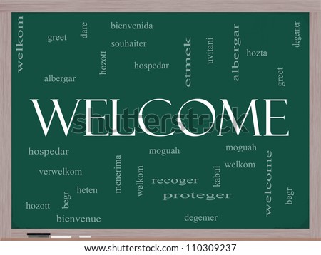 Welcome Word Cloud Concept on a Blackboard with Welcome greetings in different languages such as hozta, welkom, begr, bienvenida and more.
