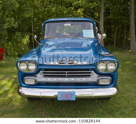 COMBINED LOCKS, WI - AUGUST 18:  Front view of a blue 1958 Chevy Apache classic truck at the 2nd Annual Horizon of Hope Generations Car and Truck Show on August 18, 2012 in Combined Locks, Wisconsin.