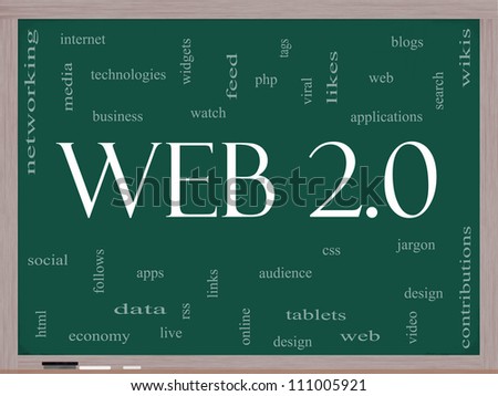 Web 2.0 Word Cloud Concept on a Blackboard with great terms such as blogs, tablets, web, feed, viral, likes, wikis, tags and more