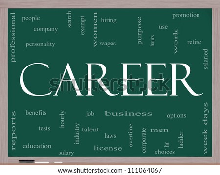 Career Word Cloud Concept on a Blackboard with great terms such as promotion, work, retire, salaried, hr, ladder, corporate and more.