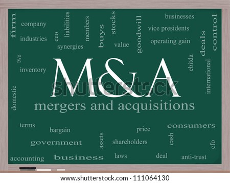 M & A (Mergers and Acquisitions) Word Cloud Concept on a Blackboard with great terms such as deals, ebitda, ceo, shareholders and more.