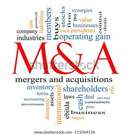 M & A (Mergers and Acquisitions) Word Cloud Concept with great terms such as deals, stocks, ebitda, ceo, shareholders and more.