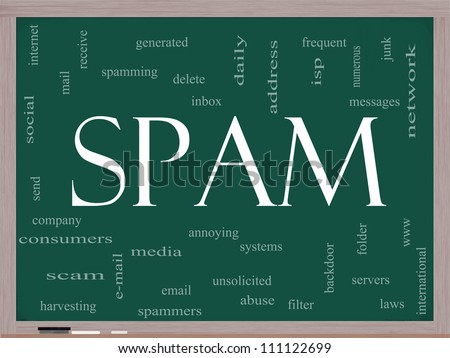 Spam Word Cloud Concept on a Blackboard with great terms such as email, messages, junk, servers, inbox, delete, spamming and more.