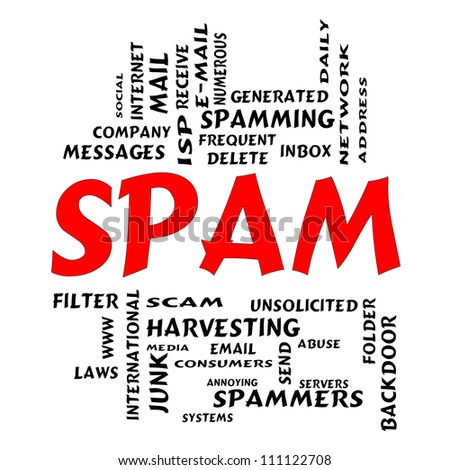 Spam Word Cloud Concept in Comic type letters with great terms such as annoying, email, messages, junk, servers, inbox, delete, spamming and more.