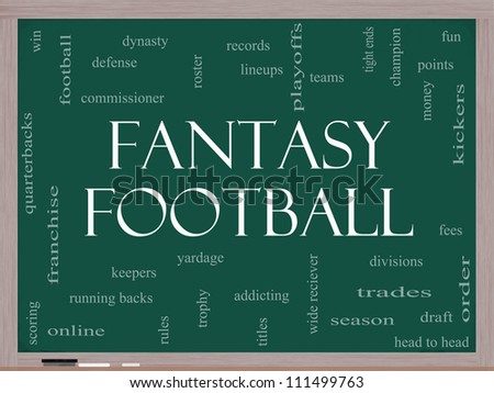 Fantasy Football Word Cloud Concept on a Blackboard with great terms such as draft, running back, money, fees, defense, teams and more.