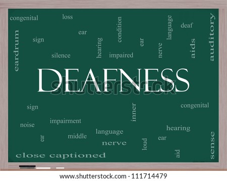Deafness Word Cloud Concept on a Blackboard with great terms such as nerve, deaf, hearing, ear, aid, silence and more.