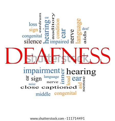 Deafness Word Cloud Concept with great terms such as nerve, deaf, hearing, ear, aid, silence and more.