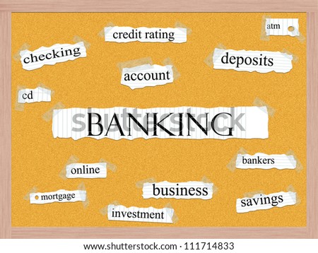 Banking Corkboard Word Concept with great terms such as  sneezing, chills, runny nose, cough and more.
