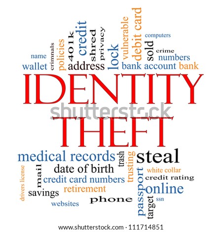 Identity Theft Word Cloud Concept with great terms such as privacy, bank, account, numbers, credit cards and more.