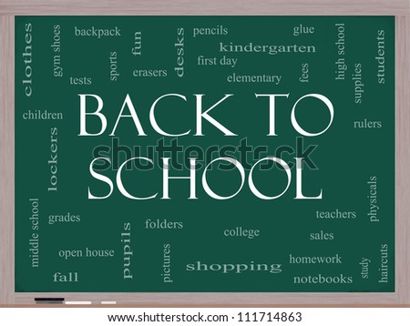 Back to School Word Cloud Concept on a Blackboard with great terms such as teachers, students, supplies, sales, tests, glue and more.