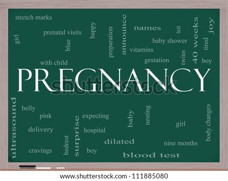 Pregnancy Word Cloud Concept on a Blackboard with great terms such as prenatal, baby, delivery, nine months and more.