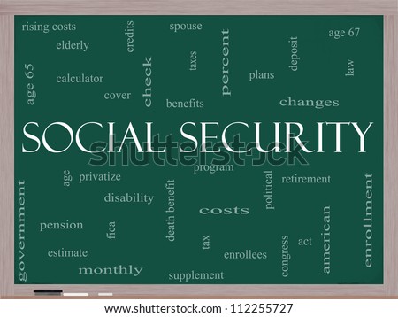 Social Security Word Cloud Concept on a Blackboard with great terms such as age 65, retirement, government, credits, taxes, law and more.