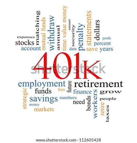 401k Word Cloud Concept with great terms such as retirement, account, stocks, bonds and more.