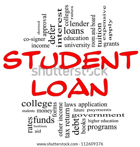 Student Loan Word Cloud Concept in red and black letters with great terms such as students, education, tuition, grants, application, college, loans and more.