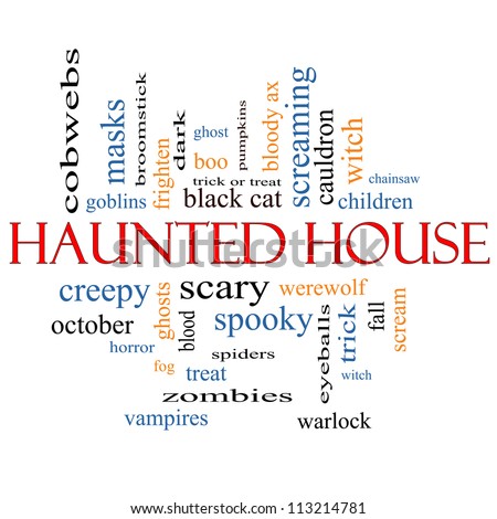Haunted House Word Cloud Concept with great terms such as cobwebs, goblins, dark, scary and more.