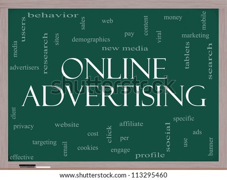 Online Advertising Word Cloud Concept on a Blackboard with great terms such as new media, social, click, sales, web and more.