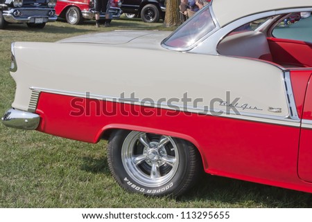 MARION, WI - SEPTEMBER 16: Rear panel of Red & White 1955 Chevy Bel Air car at the 3rd Annual Not Just Another Car Show on September 16, 2012 in Marion, Wisconsin.
