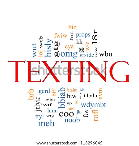 Texting Word Cloud Concept with acronyms for terms such as oh my god, omg, be right back, lol and more.