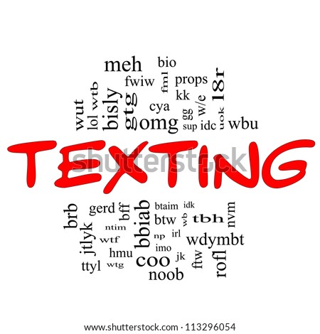 Texting Word Cloud Concept in red and black letters with acronyms for terms such as oh my god, omg, be right back, lol and more.