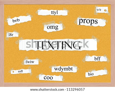Texting Corkboard Word Concept with great acronyms & terms such as oh my god, omg, be right back, lol and more.