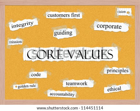 Core Values Corkboard Word Concept with great terms such as mission, integrity, ethical, code and more.