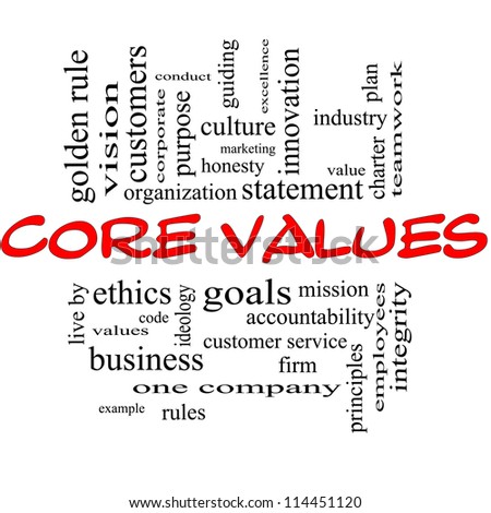 Core Values Word Cloud Concept in red and black letters with great terms such as mission, statement, ethics, vision, code and more.