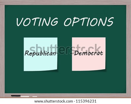 Voting Options on Blackboard with Republican and Democrat choices on blue and pink sticky notes.