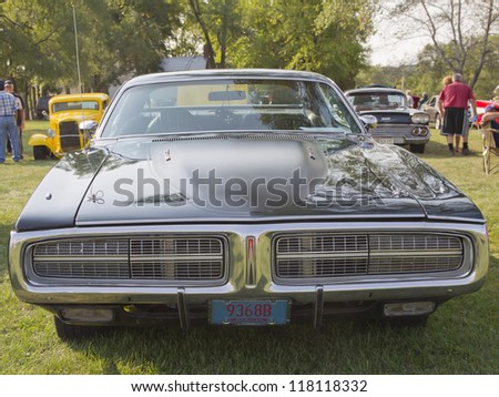 MARION, WI - SEPTEMBER 16: Front of 1972 Dodge Charger car at the 3rd Annual Not Just Another Car Show on September 16, 2012 in Marion, Wisconsin.