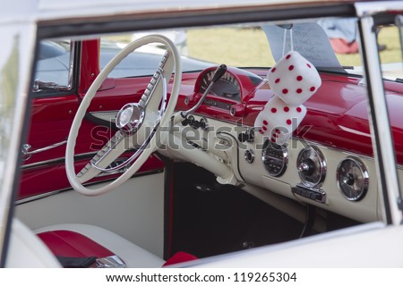 MARION, WI - SEPTEMBER 16: Interior of 1955 Red & White Ford Crown Victoria Fairlane Fordomatic car at the 3rd Annual Not Just Another Car Show on September 16, 2012 in Marion, Wisconsin.