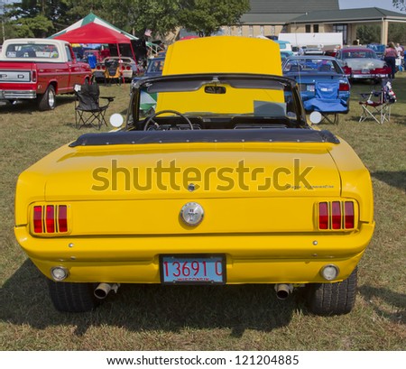 MARION, WI - SEPTEMBER 16: Rear view of 1966 Ford Mustang Chop Top car at the 3rd Annual Not Just Another Car Show on September 16, 2012 in Marion, Wisconsin.