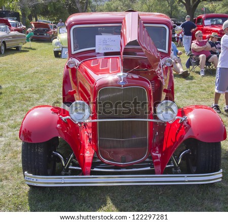 MARION, WI - SEPTEMBER 16: Front View of 1930 Red Ford Coupe car at the 3rd Annual Not Just Another Car Show on September 16, 2012 in Marion, Wisconsin.