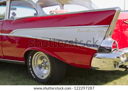 MARION, WI - SEPTEMBER 16: Back Fin on 1957 Red Chevy Bel Air car at the 3rd Annual Not Just Another Car Show on September 16, 2012 in Marion, Wisconsin.