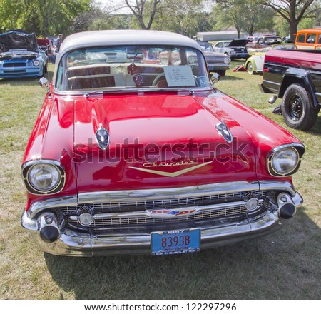 MARION, WI - SEPTEMBER 16: Front of 1957 Red Chevy Bel Air car at the 3rd Annual Not Just Another Car Show on September 16, 2012 in Marion, Wisconsin.