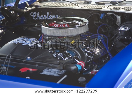 MARION, WI - SEPTEMBER 16: Engine of 1970 Blue Pontiac Lemans Sport car at the 3rd Annual Not Just Another Car Show on September 16, 2012 in Marion, Wisconsin.