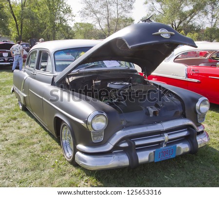 MARION, WI - SEPTEMBER 16: Black 1952 Oldsmobile Super 88 car at the 3rd Annual Not Just Another Car Show on September 16, 2012 in Marion, Wisconsin.