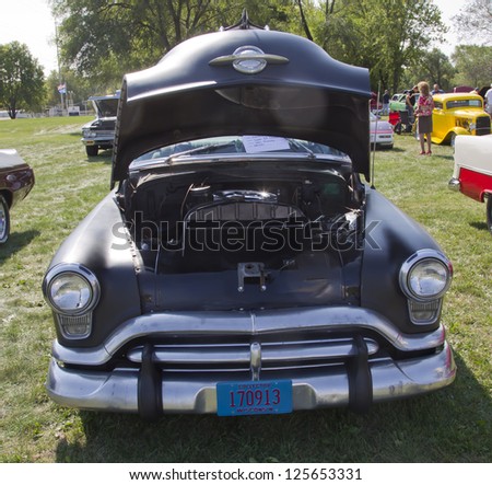 MARION, WI - SEPTEMBER 16: Front of Black 1952 Oldsmobile Super 88 car at the 3rd Annual Not Just Another Car Show on September 16, 2012 in Marion, Wisconsin.