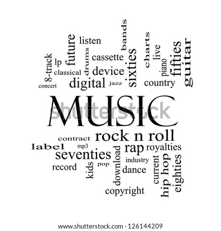 Music Word Cloud Concept in black and white with great terms such as rock n roll, rap, pop, download, lp and more.