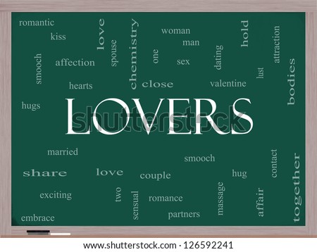 Lovers Word Cloud Concept on a Blackboard with great terms such as smooch, sensual, chemistry, sex, lust and more.