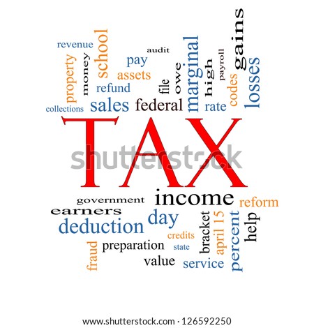 Tax Word Cloud Concept with great terms such as rate, federal, state, income, codes and more.