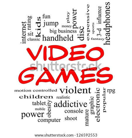 Video Games Word Cloud Concept in Red Caps with great terms such as addictive, violent, children, play, rating, fun and more.