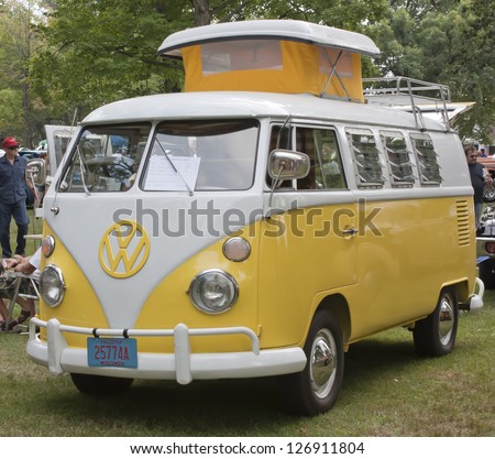 WAUPACA, WI - AUGUST 25:  Full view of Yellow & White 1966 VW Volkswagon Camper van at the 10th Annual Waupaca Rod & Classic Car Club Car Show on August 25, 2012 in Waupaca, Wisconsin.