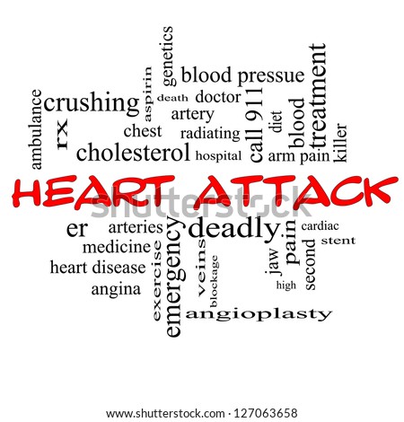 Heart Attack Word Cloud Concept in red caps with great terms such as heart disease, rx, artery, doctor and more.