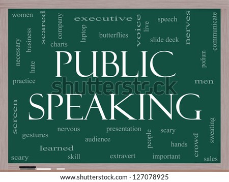 Public Speaking Word Cloud Concept on a Blackboard with great terms such as business, slide deck, podium, nervous and more.