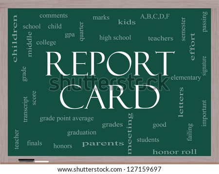 Report Card Word Cloud Concept on a Blackboard with great terms such as children, grades, kids, school and more.