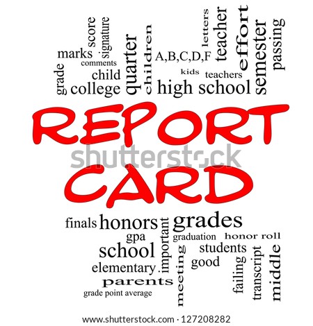 Report Card Word Cloud Concept in red caps with great terms such as children, grades, kids, school and more.