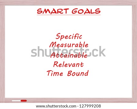 Smart Goals on White Erase Board with Specific, Measurable, Attainable, Relevant, and Time Bound