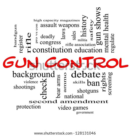 Gun Control Word Cloud Concept in Red Caps with great terms such as second, amendment, right, bear, arms, violence and more.